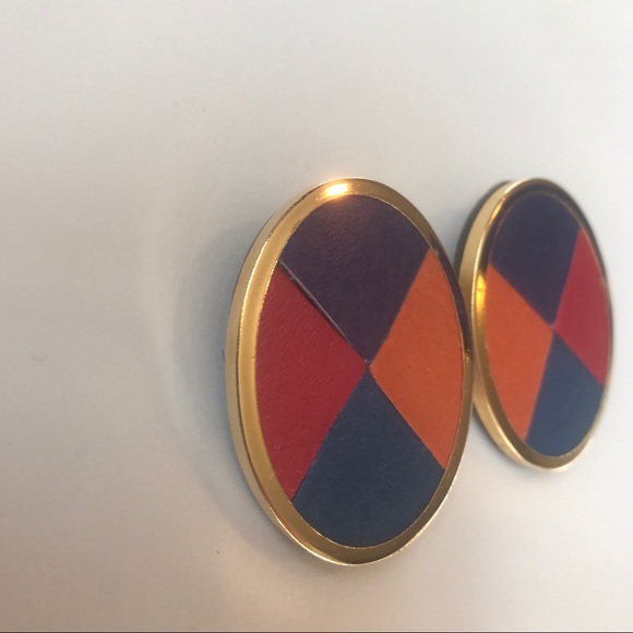 Vintage 80s Earrings, Leather or Vegan Leather Oval Gold Purple Orange Pink Blue - Picture 7 of 7